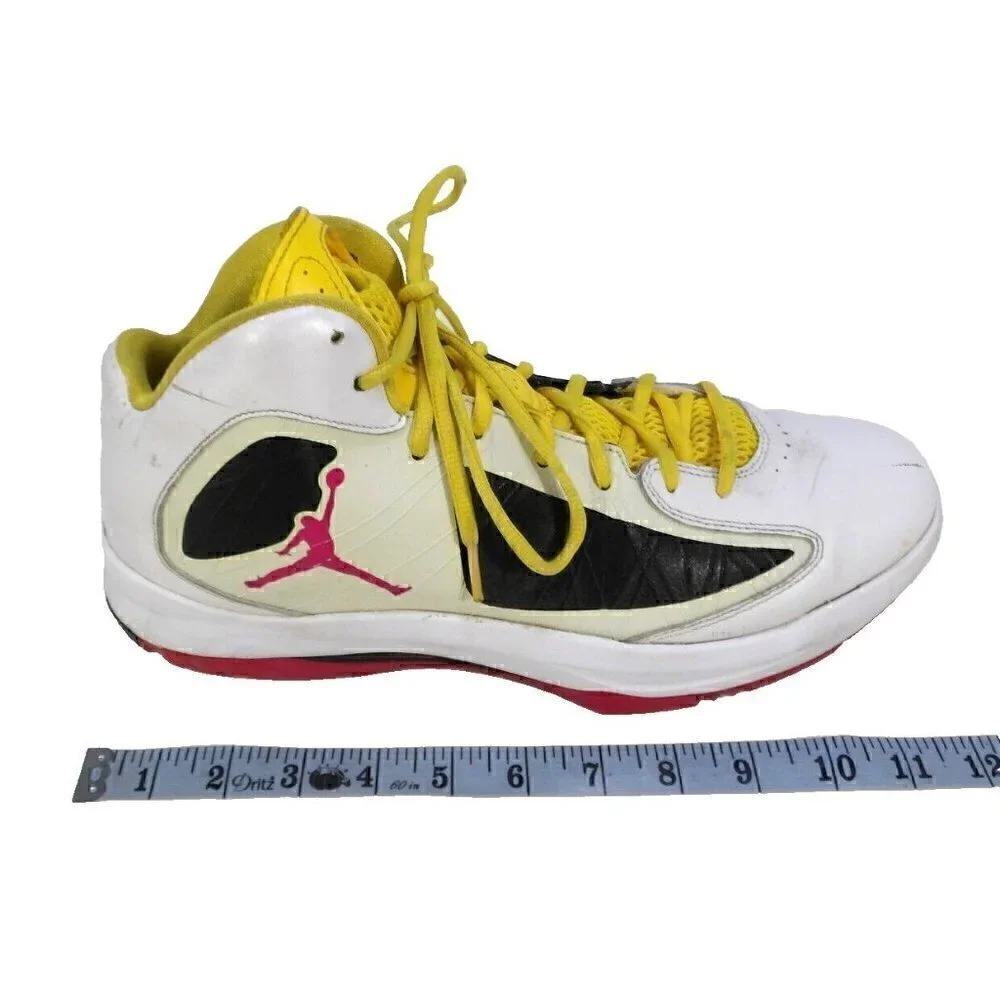 JORDAN Flywire white, red & yellow high top leather sneakers men's size 12